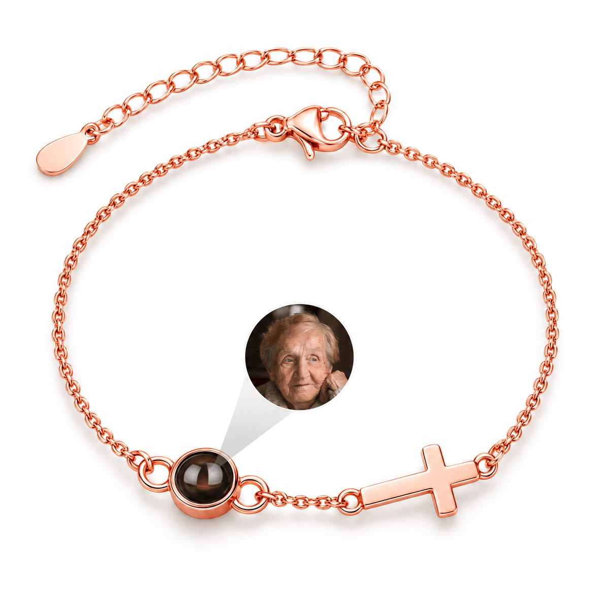 Bracelet photo personnalisé en acier inoxydable, croix chrétienne, cadeau souvenir — modèle Horacle — Or rosé — packshot studio photo sous lentille