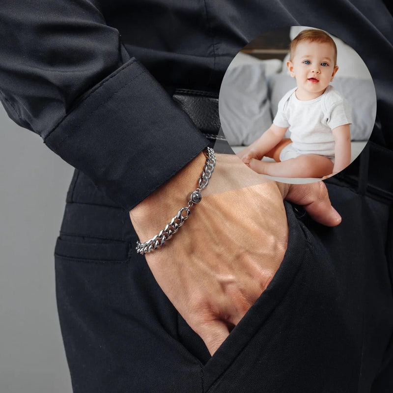 Personalized photo bracelet in stainless steel, Cuban link, Mili model