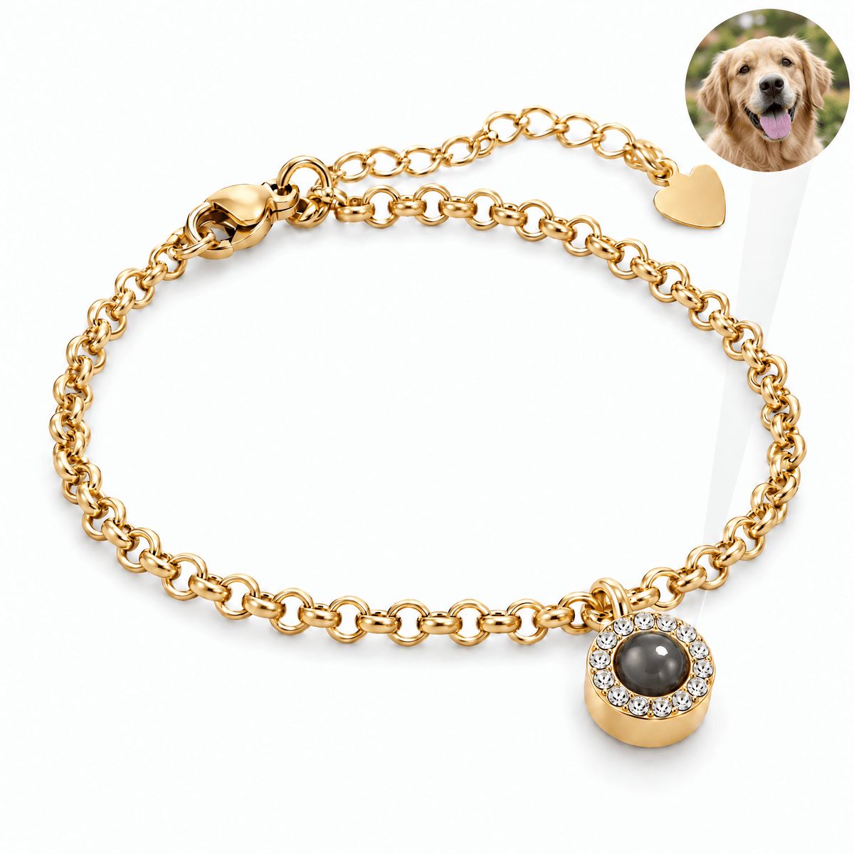 Bracelet photo personnalisé en acier inoxydable, maille rolo, modèle Tali — Or — packshot studio photo-projection nette