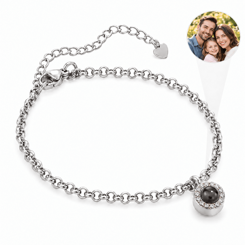 Bracelet photo personnalisé en acier inoxydable, maille rolo, modèle Tali — Argent — packshot studio photo-projection nette