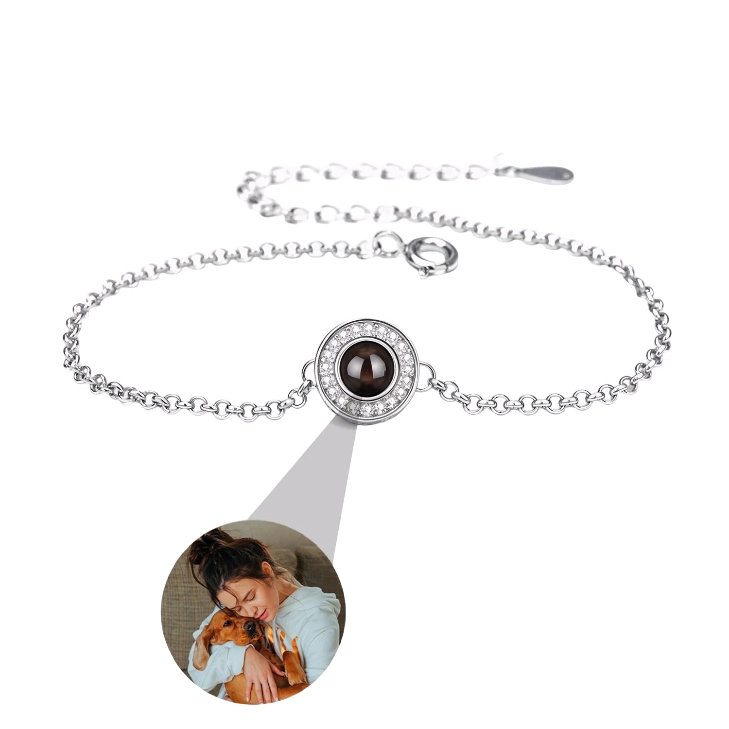 Bracelet fin en acier inoxydable avec médaillon rond photo, serti d'oxyde de zirconium scintillant, chaîne ajustable.