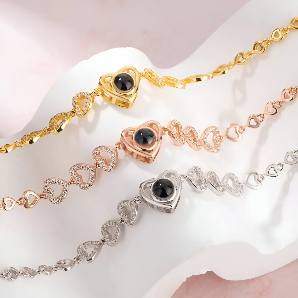 Bracelet en argent sterling avec pendentif cœur et photo, design multiple cœurs argenté, or rose et or jaune.