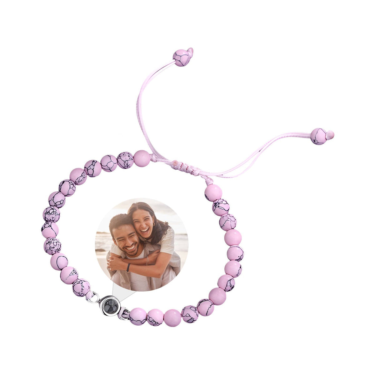 Bracelet Amaru en pierres naturelles turquoise rose avec pendentif photo rond personnalisé.