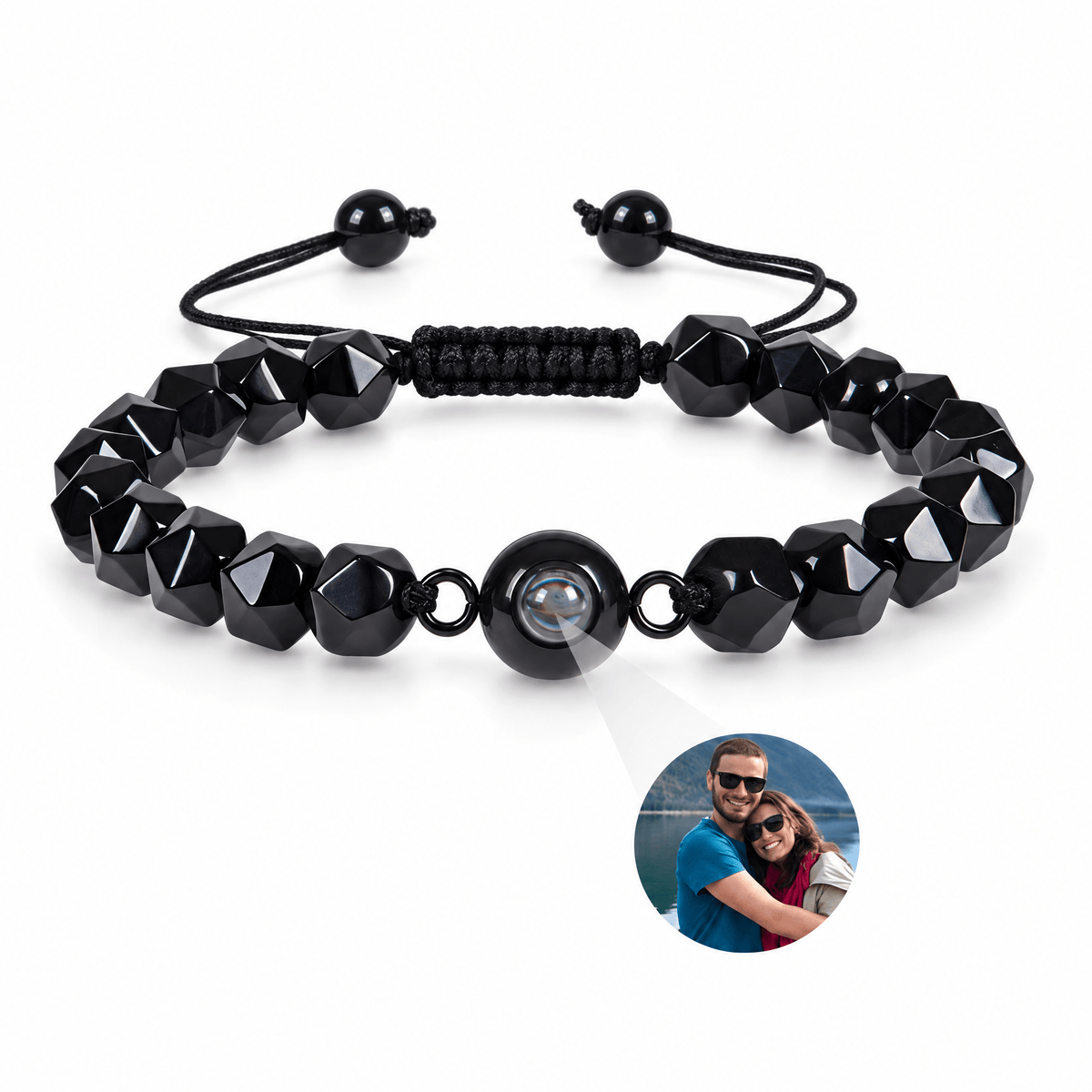 Bracelet photo personnalisé, en pierres naturelles — modèle Tonali — Obsidienne — packshot studio photo sous lentille