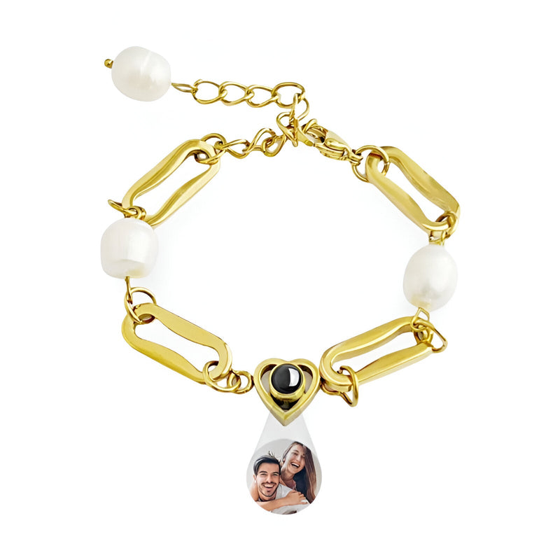 Bracelet or en titane avec perles d'eau douce et pendentif photo cœur noir.