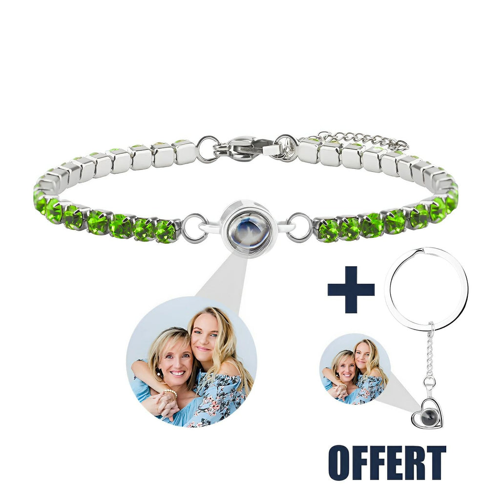 Bracelet en titane argenté avec pierres vertes et médaille photo personnalisée, porte-clé cœur offert.