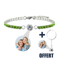 Bracelet en titane argenté avec pierres vertes et médaille photo personnalisée, porte-clé cœur offert.