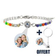 Bracelet photo multicolore en titane avec perles arc-en-ciel et porte-clé cœur assorti offert.