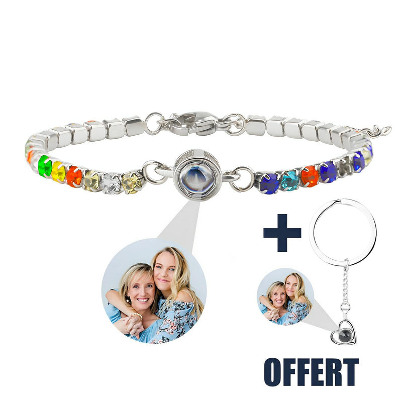 Bracelet photo multicolore en titane avec perles arc-en-ciel et porte-clé cœur assorti offert.