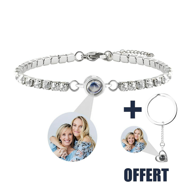 Bracelet en titane argenté avec pierres brillantes et pendentif photo rond personnalisé, porte-clé cœur offert.