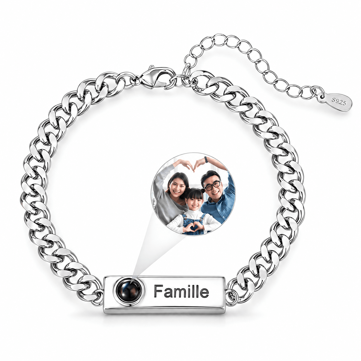 Bracelet photo personnalisé, gourmette à graver, en acier inoxydable — modèle Stey — Argent — packshot studio photo sous lentille