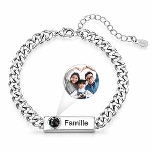 Bracelet photo personnalisé, gourmette à graver, en acier inoxydable — modèle Stey — Argent — packshot studio photo sous lentille