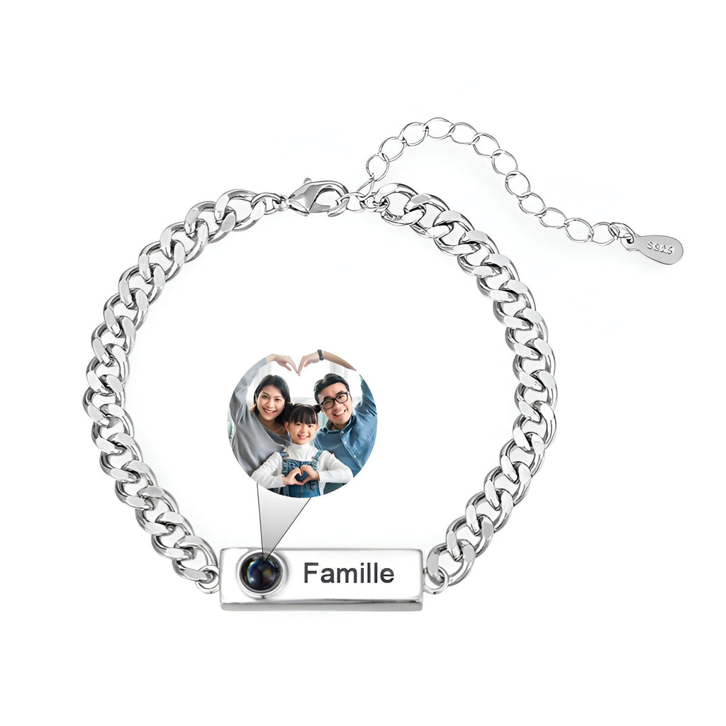 Bracelet gourmette en titane argenté avec photo ronde personnalisée et gravure "Famille".