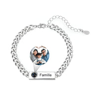 Bracelet gourmette en titane argenté avec photo ronde personnalisée et gravure "Famille".