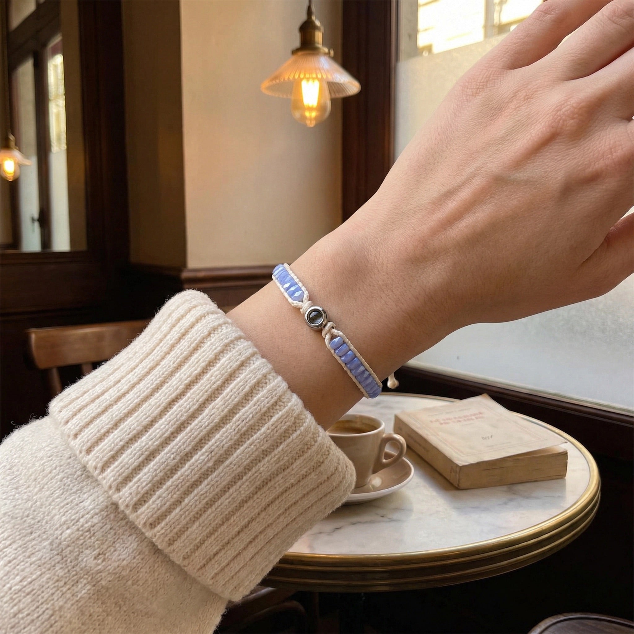 Bracelet photo personnalisé, perles de cristal scintillantes, cordon tressé ajustable, cadeau sur mesure, modèle Kristia