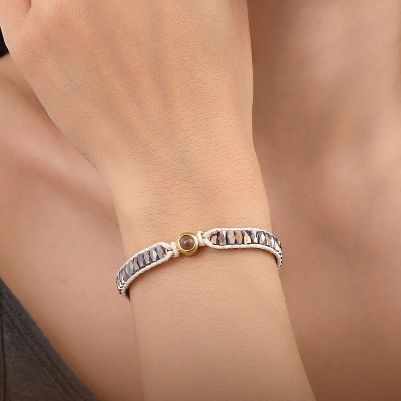 Bracelet photo personnalisé, perles de cristal scintillantes, cordon tressé ajustable, cadeau sur mesure, modèle Kristia