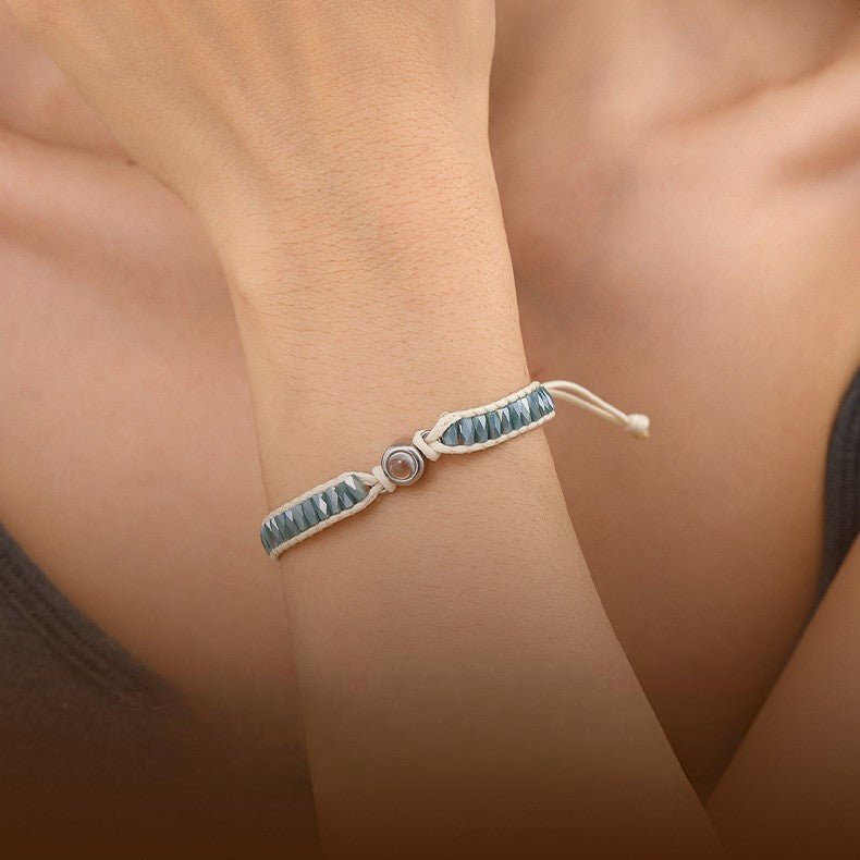 Bracelet photo personnalisé, perles de cristal scintillantes, cordon tressé ajustable, cadeau sur mesure, modèle Kristia