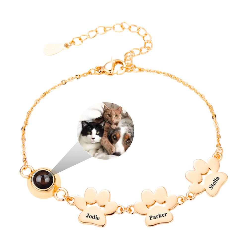 Bracelet or en acier inoxydable avec trois plaques à graver et pendentif photo rond.