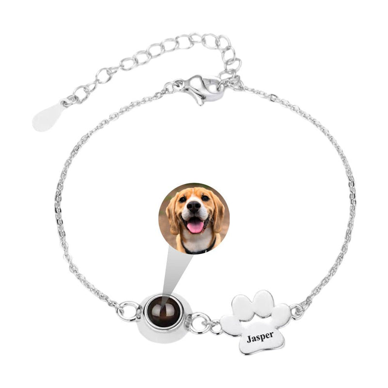 Bracelet en acier inoxydable argenté avec pendentif patte gravée et médaillon photo rond.