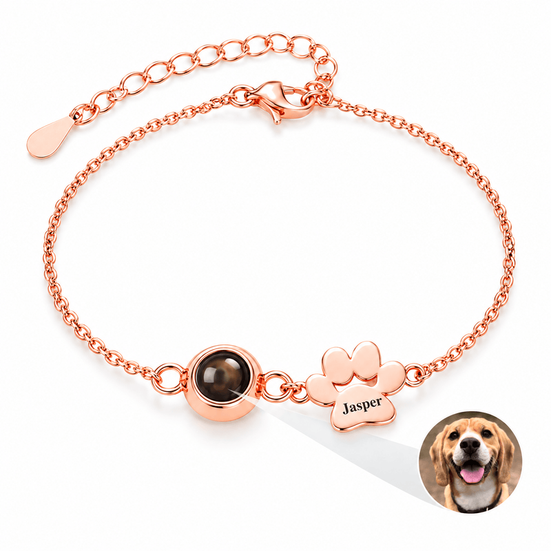 Bracelet photo personnalisé, une patte à graver, en acier inoxydable — modèle Cliff — Or rosé — packshot studio photo sous lentille