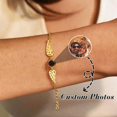 Bracelet photo projection, ailes protectrices, bijou personnalisé, acier inaltérable, cadeau émotion, modèle Flya