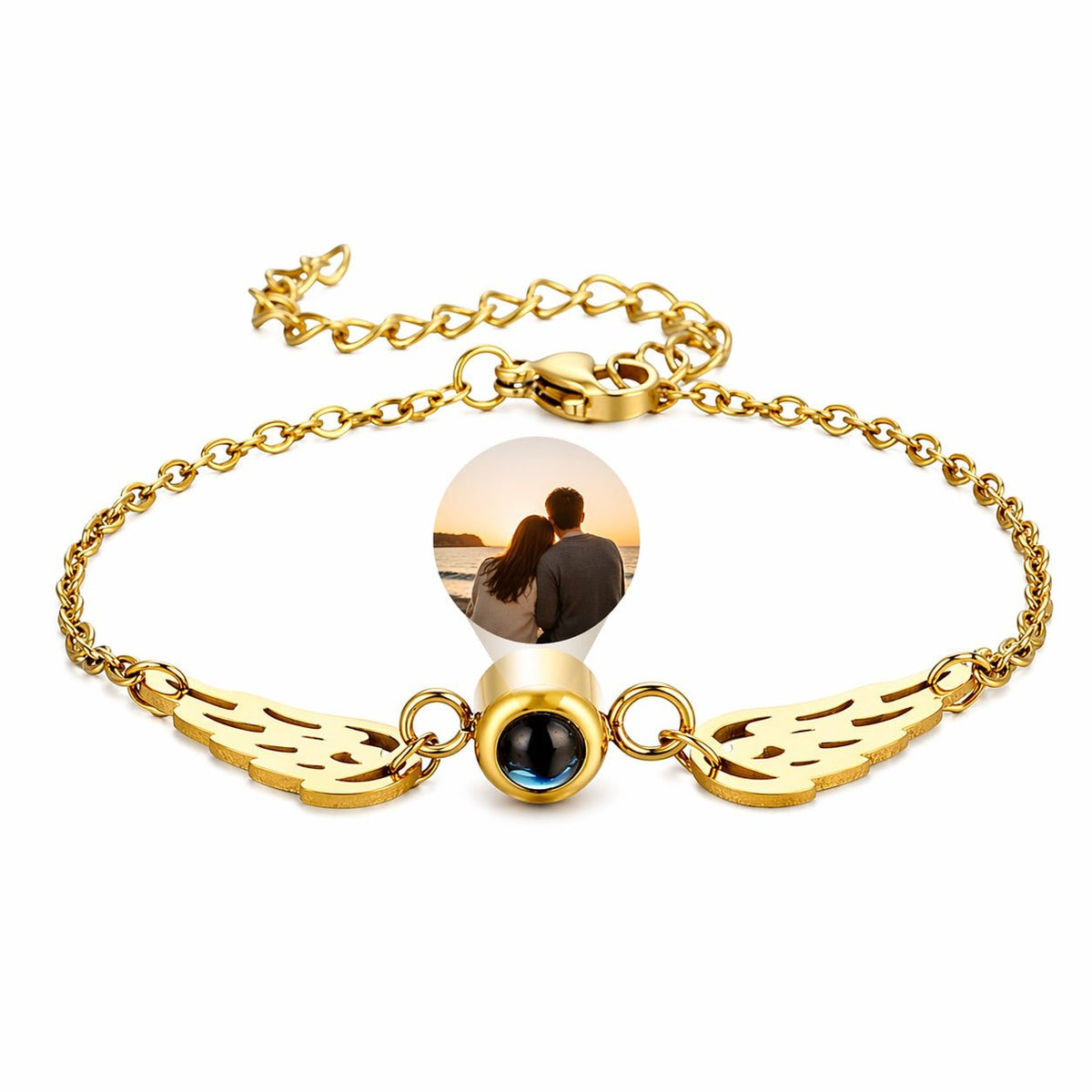 Bracelet photo projection, ailes protectrices, bijou personnalisé, acier inaltérable, cadeau émotion, modèle Flya