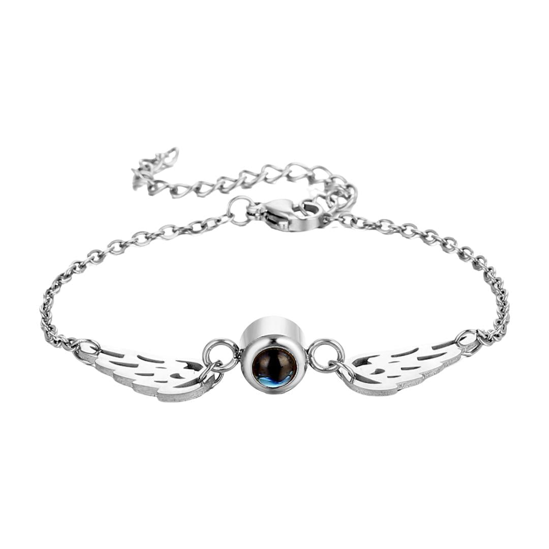 Bracelet photo projection, ailes protectrices, bijou personnalisé, acier inaltérable, cadeau émotion, modèle Flya