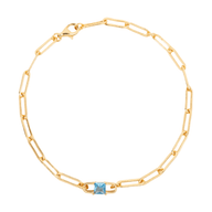 Bracelet fin en titane doré avec maille chaîne rectangulaire et pierre bleue centrale carrée.