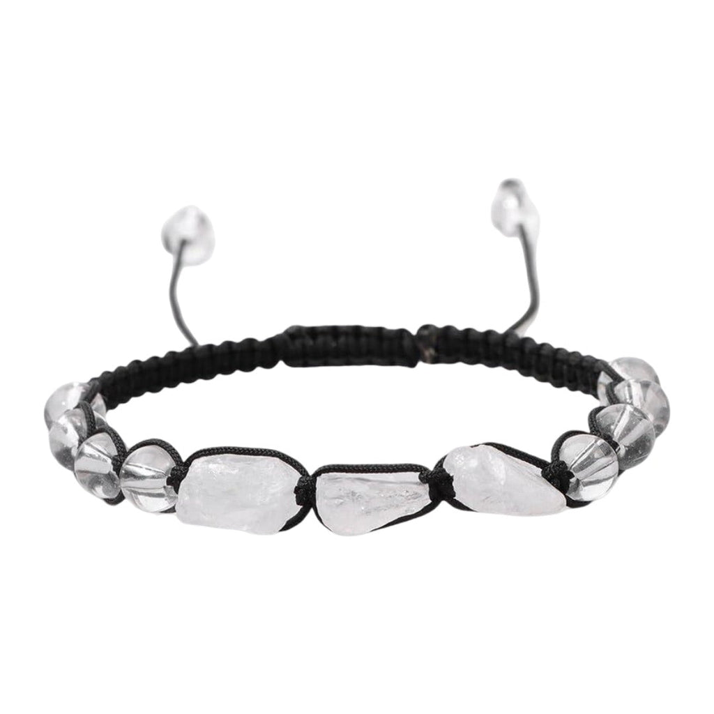 Bracelet porte-bonheur en pierres naturelles polies blanches, cordon noir tressé ajustable, design équilibré.