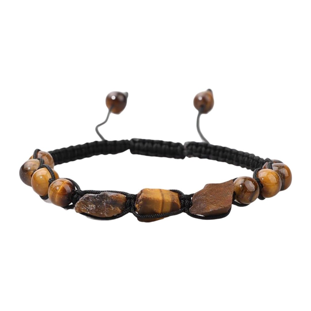 Bracelet réglable en cordon noir avec pierres naturelles polies et éclats bruns dorés, style équilibré et charme mystique.