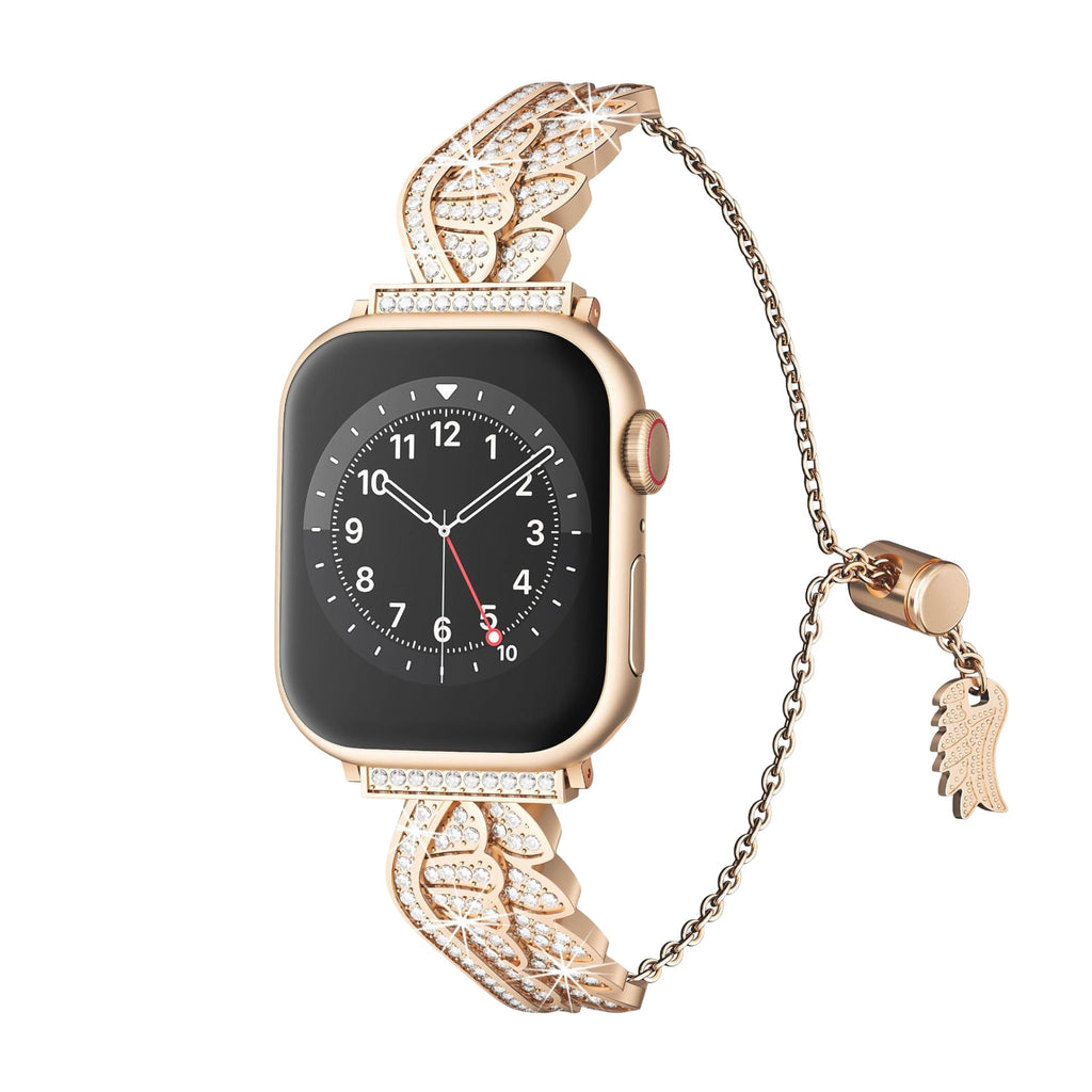 Bracelet or rosé pour Apple Watch avec ailes d'ange scintillantes en acier inoxydable, fermeture chaîne ajustable.