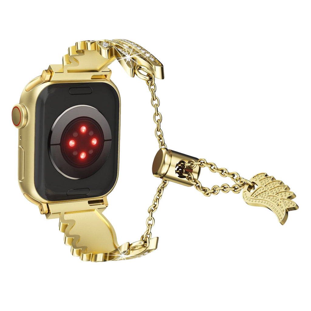 Bracelet or pour Apple Watch en acier inoxydable avec breloque aile d'ange scintillante, style chaîne fine.