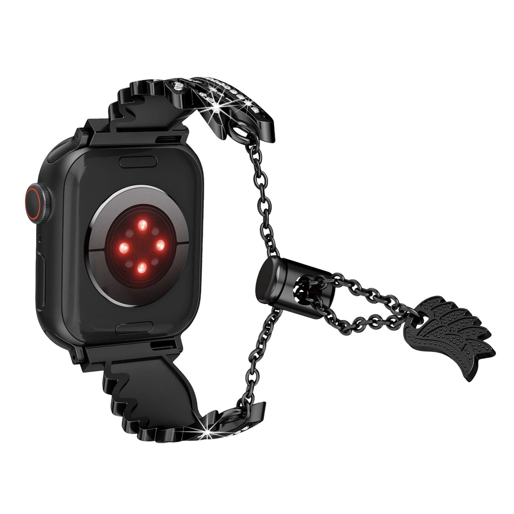 Bracelet noir en acier inoxydable pour Apple Watch avec aile d'ange scintillante et chaîne fine.