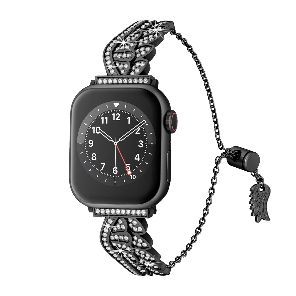 Bracelet pour Apple Watch noir en acier inoxydable avec ailes d'ange scintillantes et fermoir réglable.