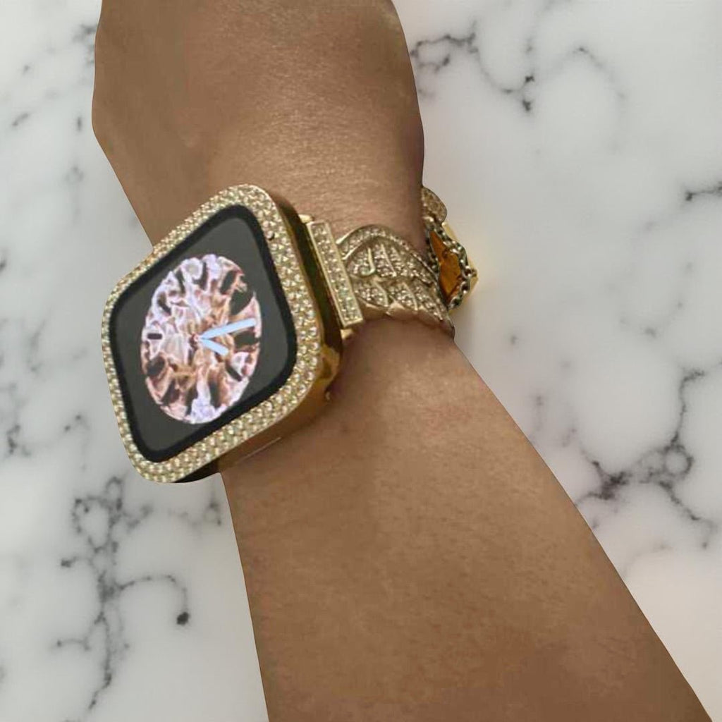 Bracelet or pour Apple Watch 38-42 mm avec ailes d'ange scintillantes en acier inoxydable.