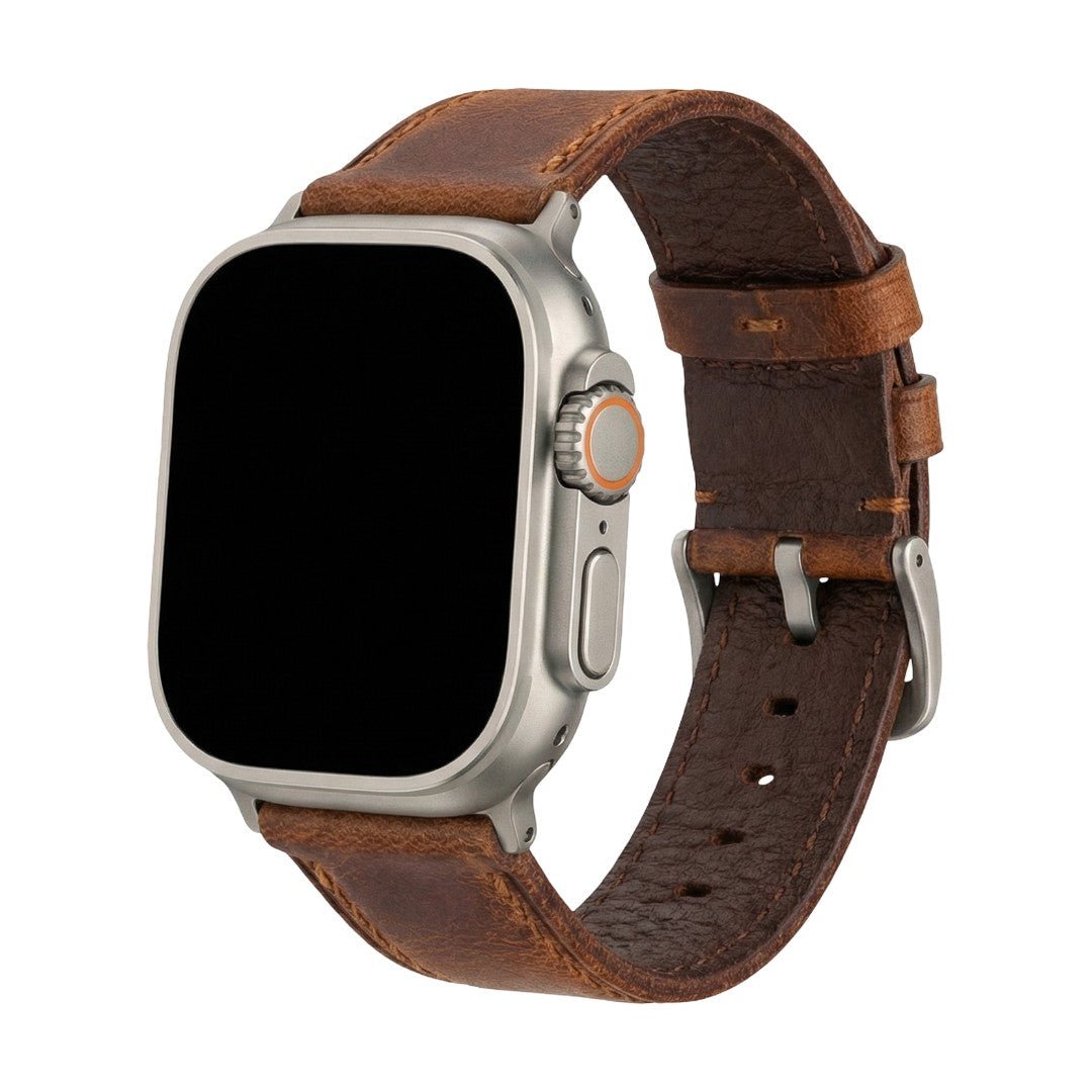 Full-grain brown leather strap for Apple Watch, sturdy steel clasp, daily comfort on the wrist, Eugène model