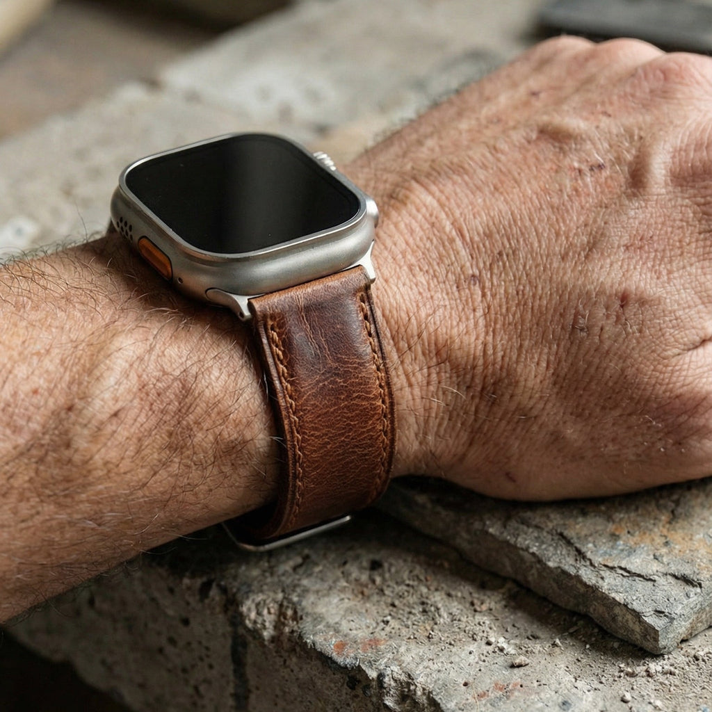 Armbånd til Apple Watch i fuldnarvet brunt læder, robust stållås, daglig komfort om håndleddet, model Eugène
