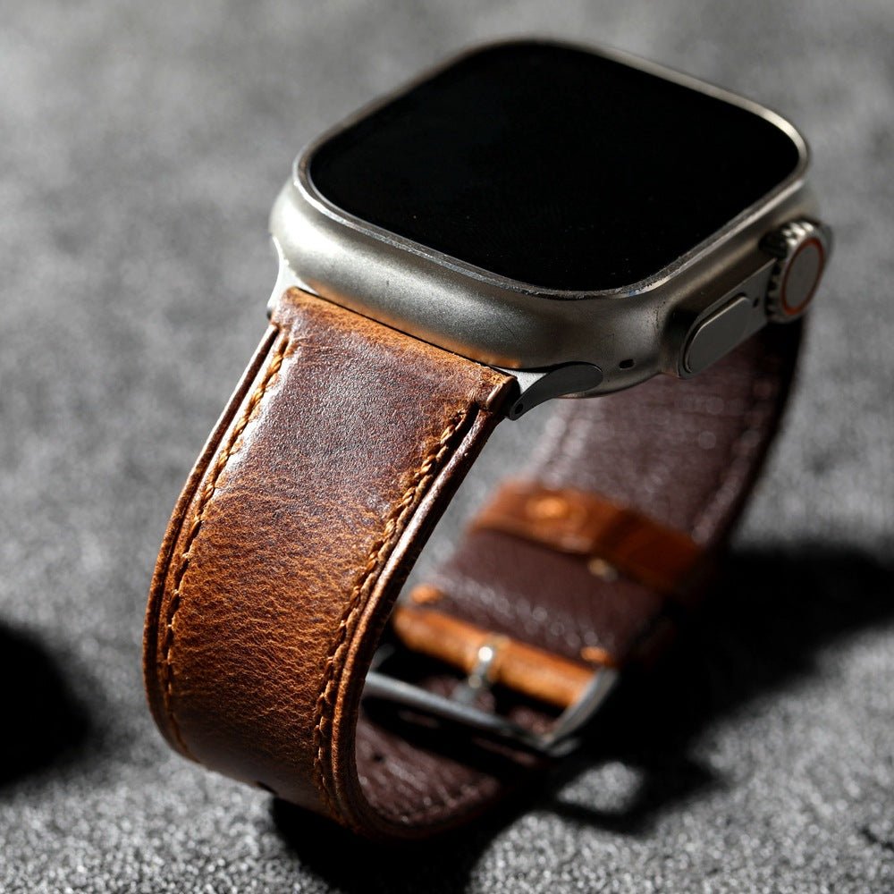 Armband für Apple Watch aus braunem Vollleder, robuster Verschluss aus Stahl, täglicher Tragekomfort am Handgelenk, Modell Eugène