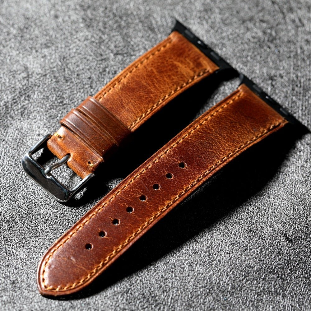 Armband für Apple Watch aus braunem Vollleder, robuster Verschluss aus Stahl, täglicher Tragekomfort am Handgelenk, Modell Eugène