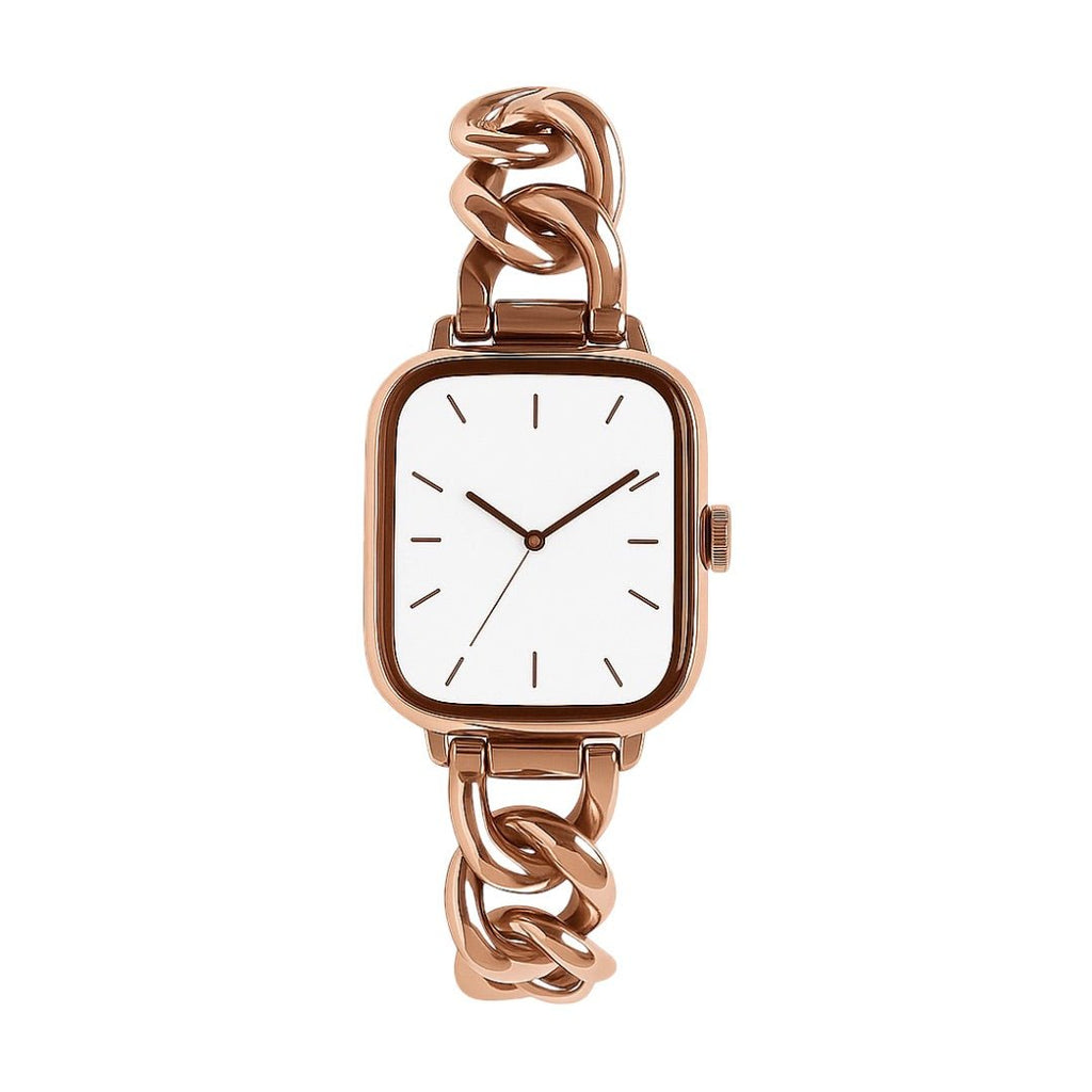 Bracelet mailles cubaines en acier inoxydable rose doré, design chic et minimaliste, pour Apple Watch.