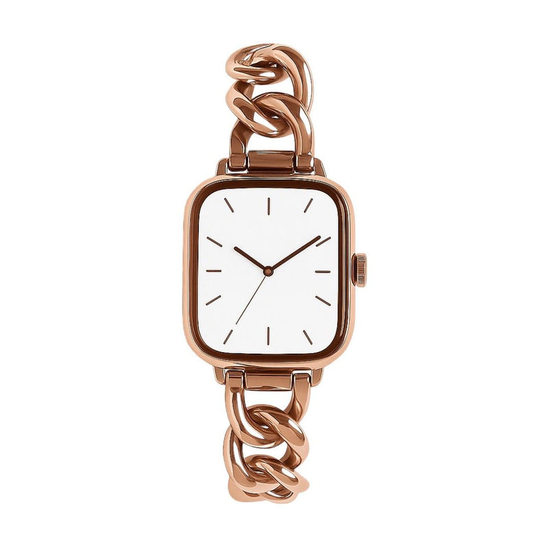 Bracelet mailles cubaines en acier inoxydable rose doré, design chic et minimaliste, pour Apple Watch.