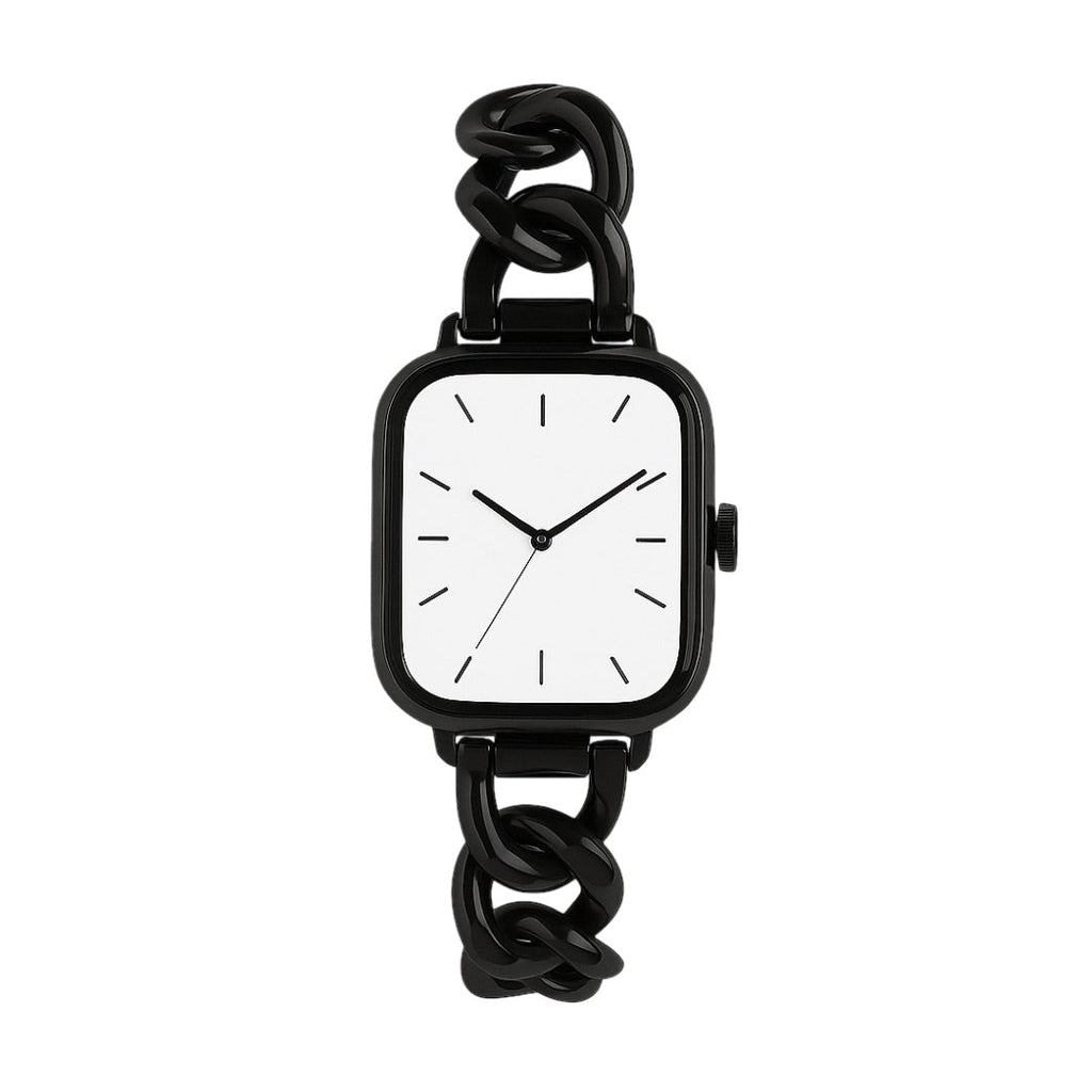 Bracelet Apple Watch mailles cubaines noires en acier inoxydable, style chic et minimaliste, ajustable.