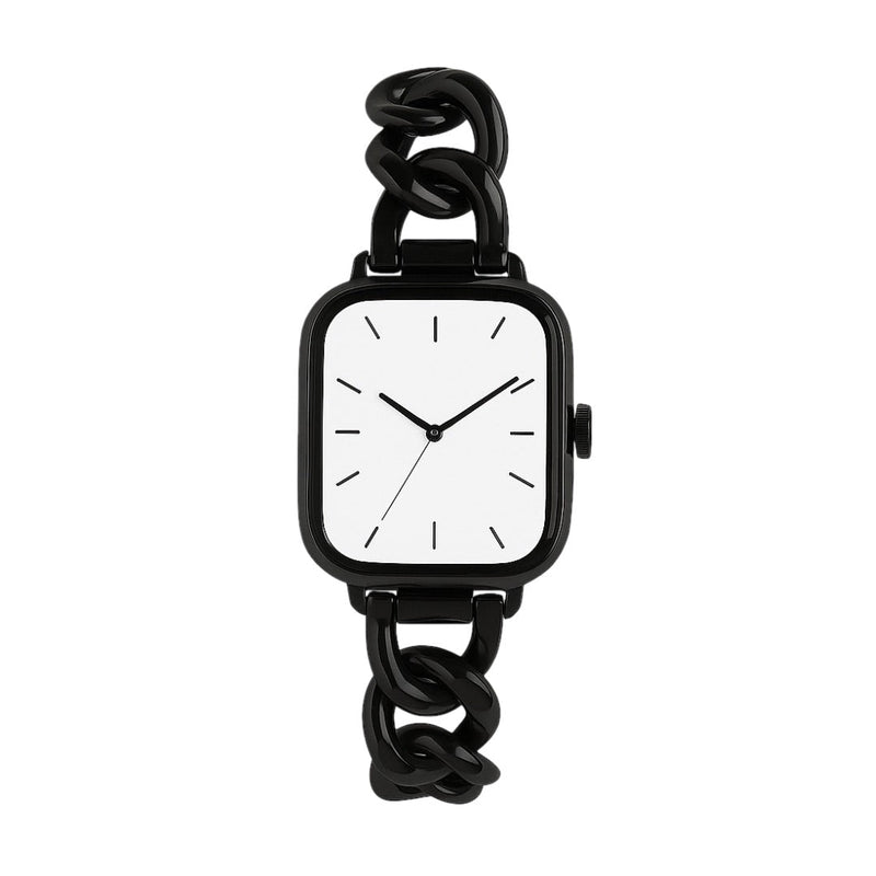 Bracelet Apple Watch mailles cubaines noires en acier inoxydable, style chic et minimaliste, ajustable.