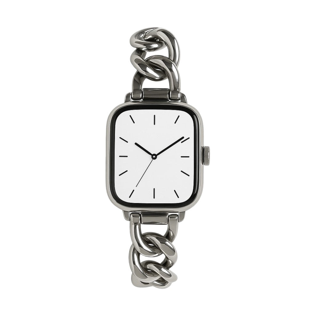 Bracelet pour Apple Watch en mailles cubaines larges en acier inoxydable gris argenté, finition brillante, style minimaliste