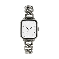Bracelet pour Apple Watch en mailles cubaines larges en acier inoxydable gris argenté, finition brillante, style minimaliste