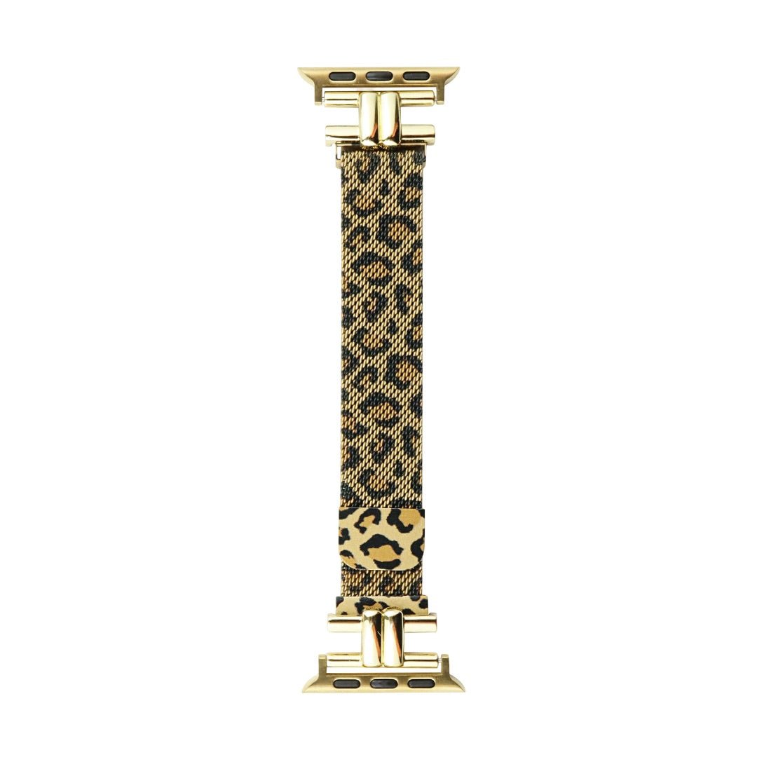 Bracelet fin pour Apple Watch en cuir à motif léopard, attaches dorées élégantes.