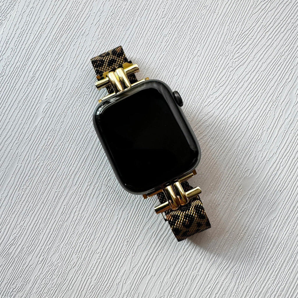 Bracelet fin pour Apple Watch en cuir léopard avec attaches dorées élégantes, style chic Parus.