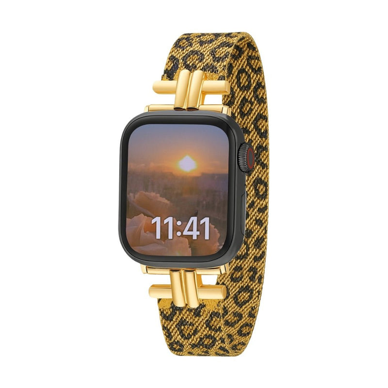Bracelet Apple Watch fin léopard jaune et noir style chic modèle Parus, boucles dorées.