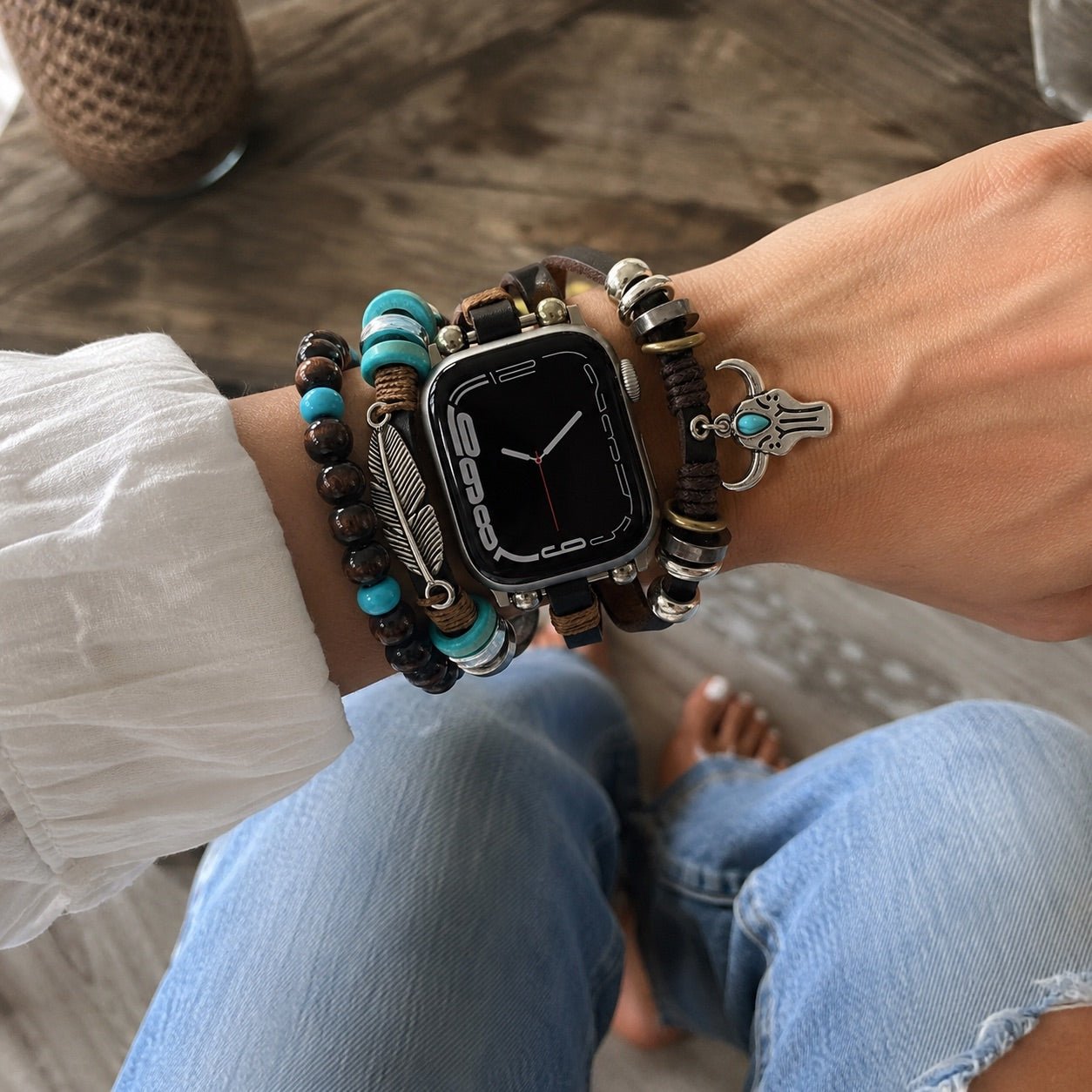 Bracelet pour Apple Watch, pendentifs plume et tête de buffle, plusieurs rangs, longueur ajustable, modèle Bufa