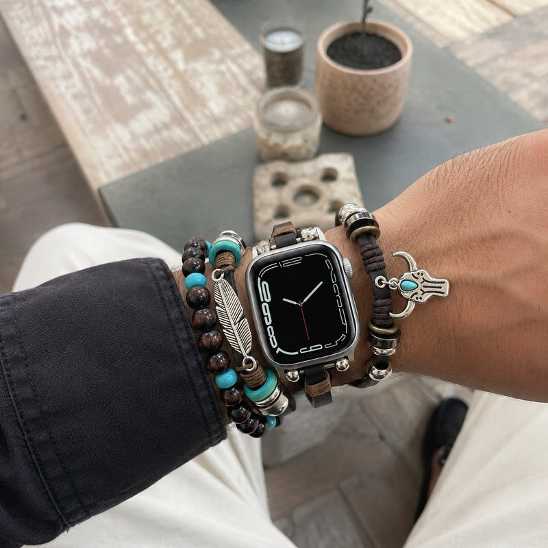 Bracelet pour Apple Watch, pendentifs plume et tête de buffle, plusieurs rangs, longueur ajustable, modèle Bufa